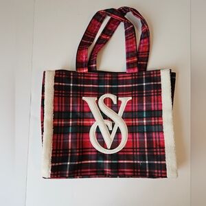 Victoria's Secret red flannel plaid/faux fur tote bag holiday
